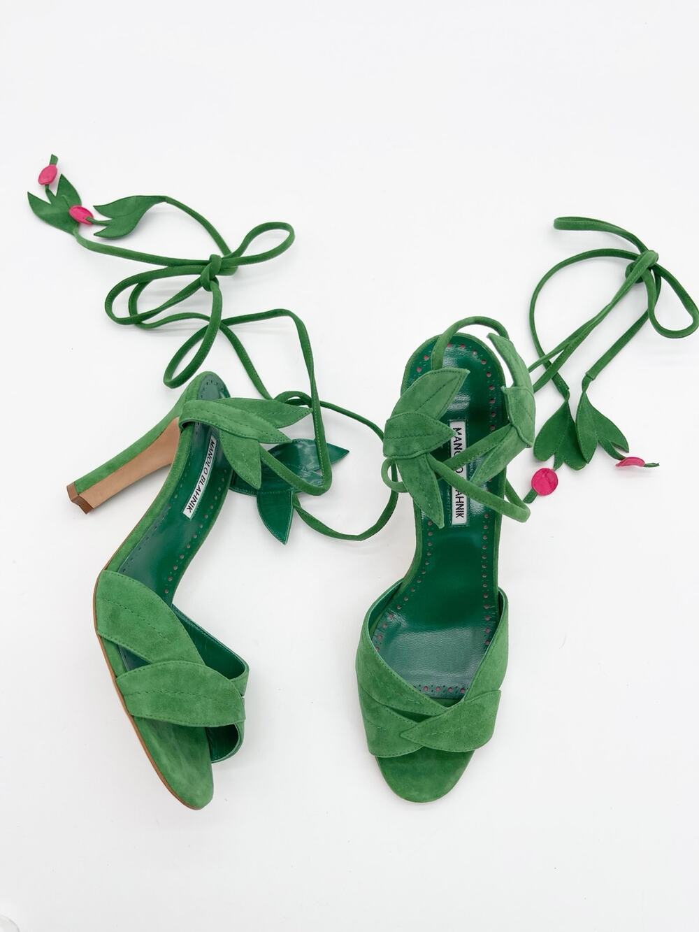 Manolo Blahnik Ossie 105 Green Suede Leaf Cherry Ankle Tie Sandals Heels IT 41